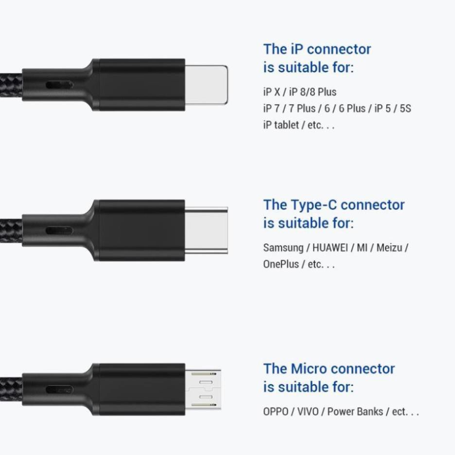 Dây cáp sạc TOPK AN20 nhiều cổng USB micro type C lightning 3in1 điện thoại iPhone Samsung Huawei dài 1.2M TPHCM