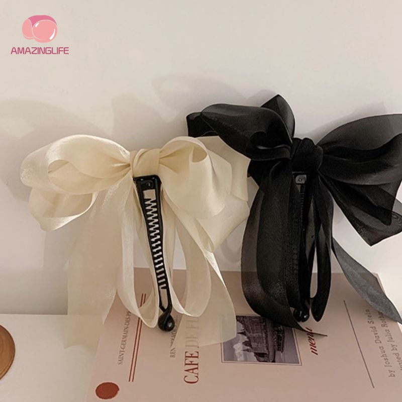 Kẹp Tóc / Kẹp Tóc Đuôi Ngựa Dạng Lưới Chiffon Đính Nơ Lớn Thanh Lịch