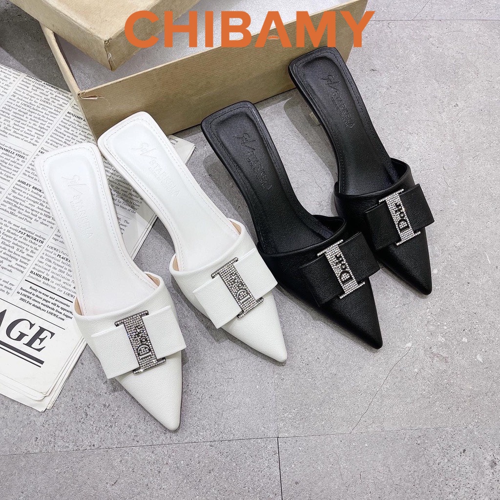 Giày Sục cao gót nữ Doir mũi nhọn 5cm đính nơ da CHIBAMY Sang Chảnh