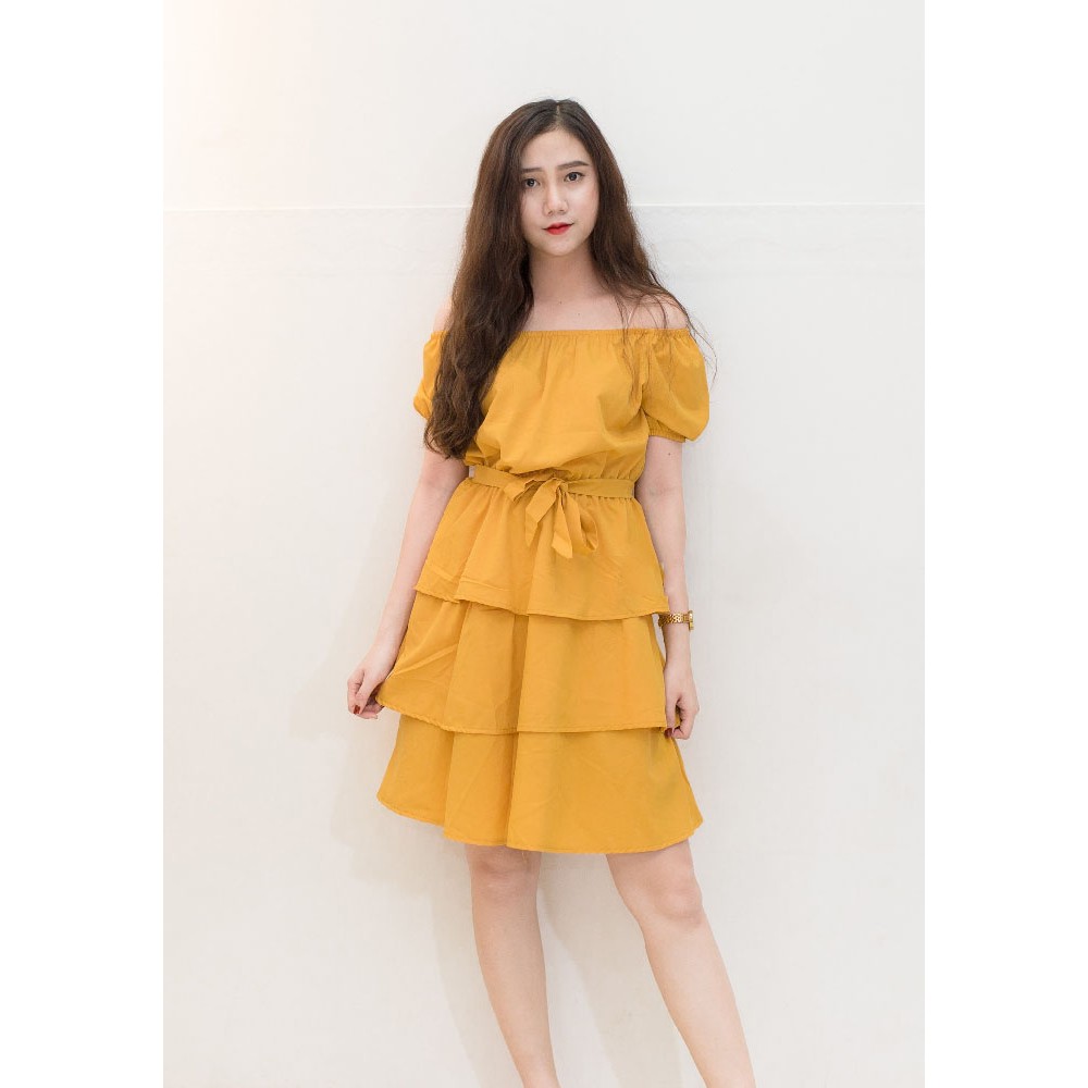 FREESHIP ĐƠN 99K_Đầm trễ vai 3 tầng nơ eo | BigBuy360 - bigbuy360.vn