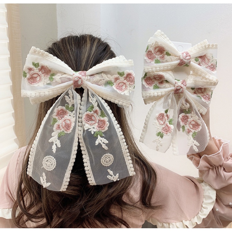 Kẹp Tóc Nơ Lớn Thêu Họa Tiết Phong Cách Hàn Quốc Cho Nữ