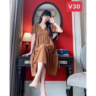 Váy bầu,đầm bầu bigsize màu nâu,cổ chữ V lạ mắt