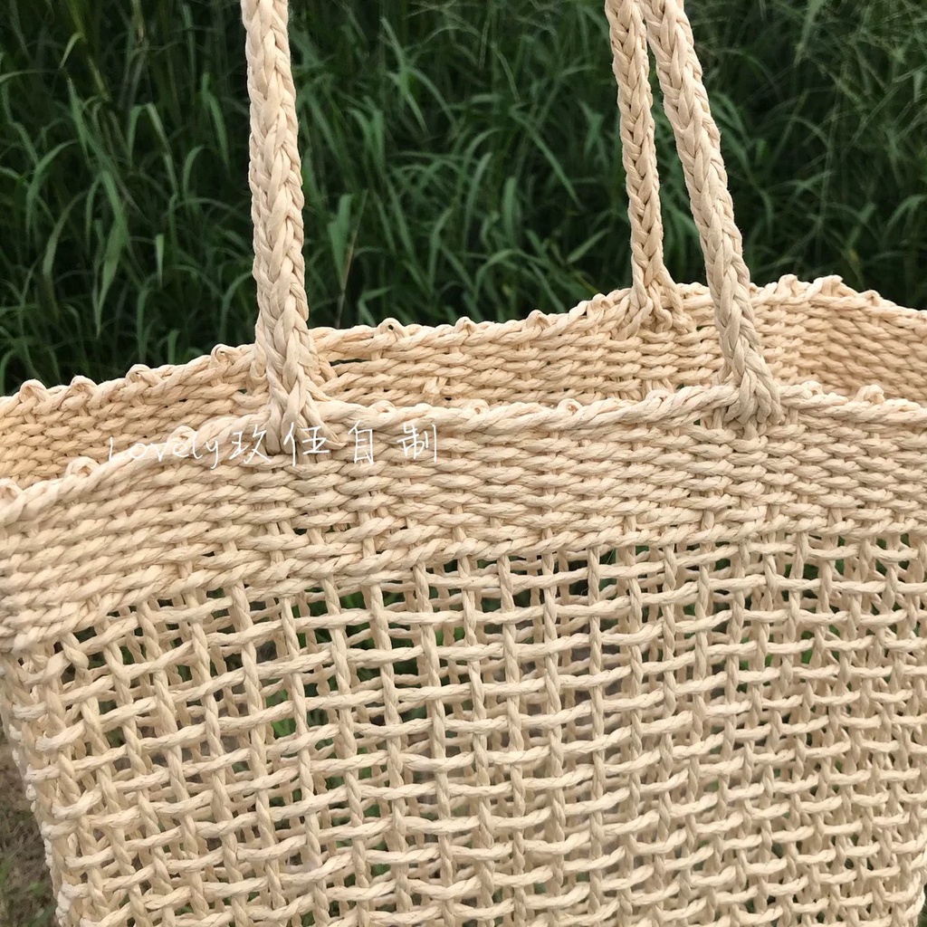 Túi Cói Tote Lưới Vuông Đan Thưa Không Lót Vải Đeo Vai Hàng Chuẩn Quảng Châu Xịn Tặng Nơ Ren Dễ Thương