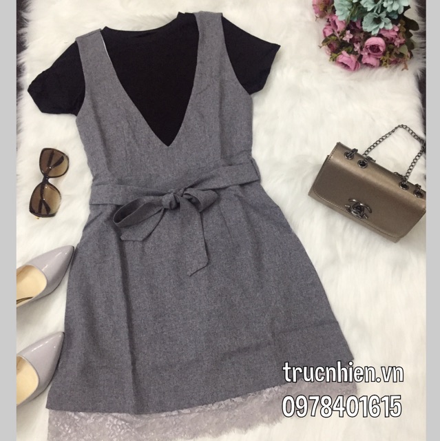 Sét đầm chữ A kèm áo trong tà phối ren