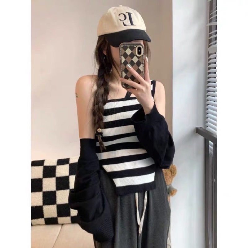 set áo len dệt kim kiểu sọc kẻ ngang phối khoác lửng (3290#)