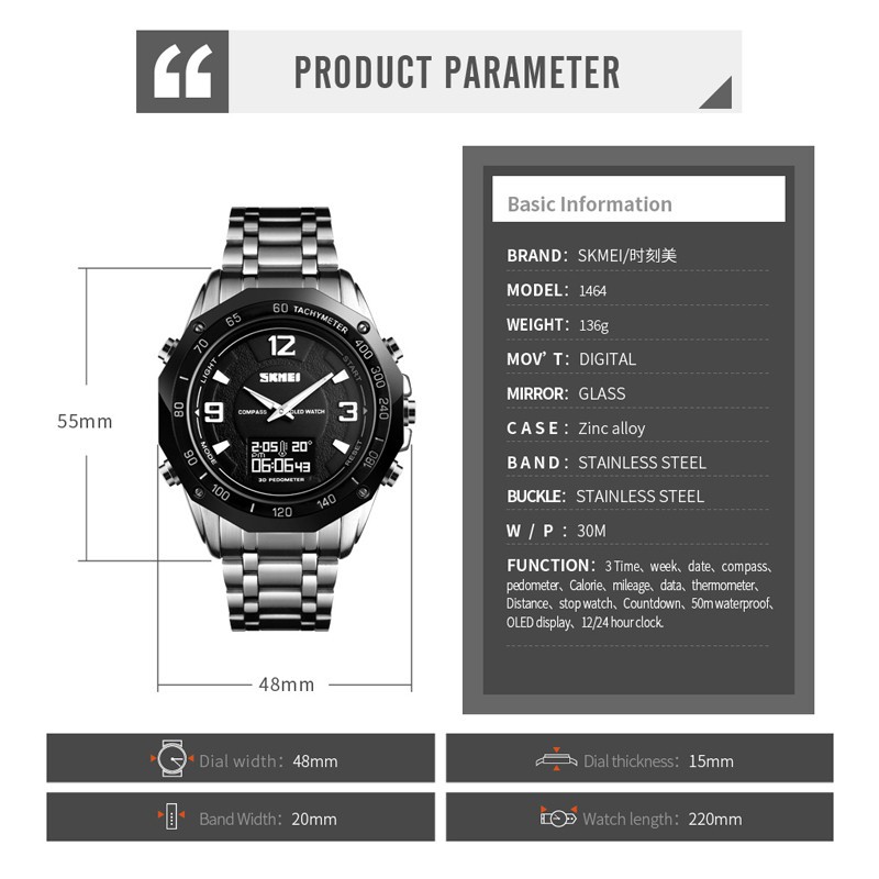 Đồng Hồ SKMEI 1464 Dạng Kĩ Thuật Số Tích Hợp Compa Đo Nhiệt Và Đếm Bước Đa Chức Năng Cho Nam