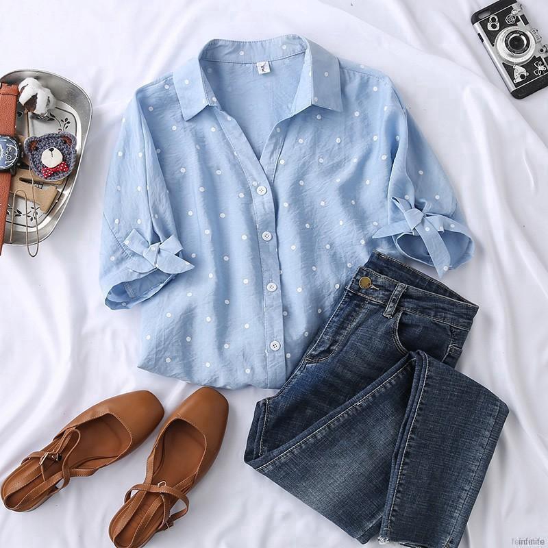 Áo sơ mi tay ngắn bằng chất liệu chiffon hoạ tiết chấm bi phong cách retro dành cho nữ