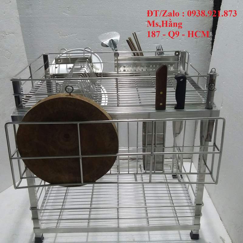 Combo Kệ 2 Tầng + Rổ Đũa 3 Ngăn + Máng Nắp + Máng Dao Kéo Inox 304 KT 55x50x55cm - K2TRĐMA