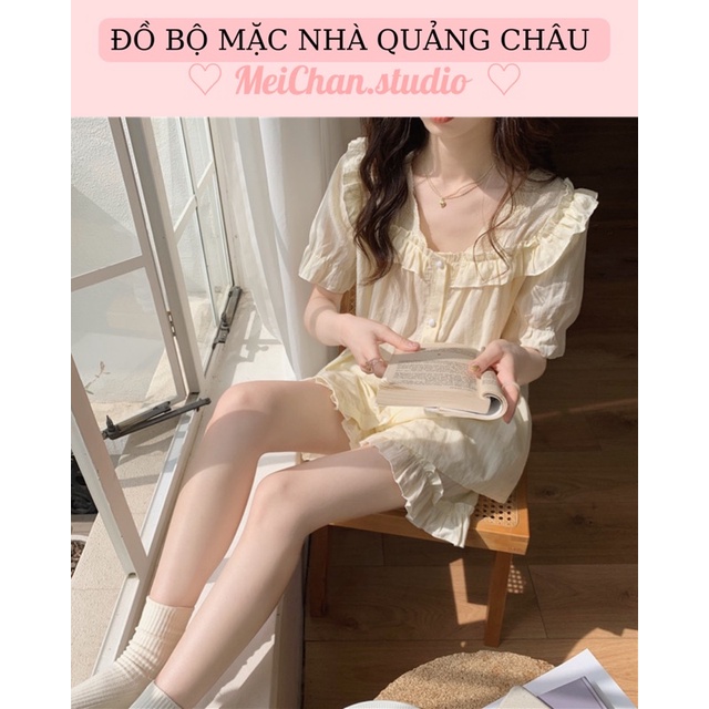 Đồ Ngủ Style Hàn Quốc_ Đồ Bộ Nữ Mặc Nhà Tiểu Thư Chất Đũi Cổ Phối Bèo Ulzzan