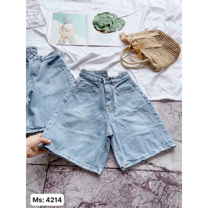 Quần short ngố jean nữ trơn lưng cao hàng VNXK #421415