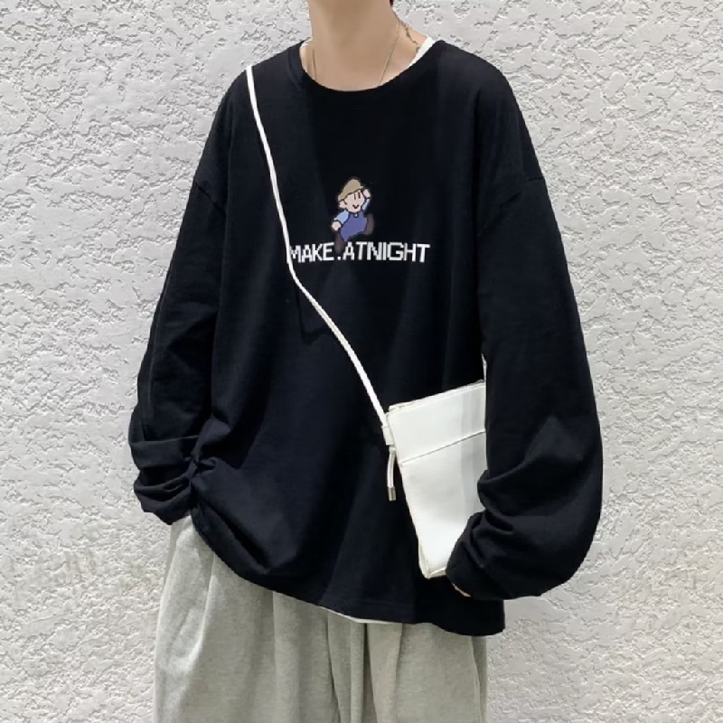 Áo Thun Tay Dài Cổ Tròn Dáng Rộng In Họa Tiết Hoạt Hình Phong Cách Hip Hop Hàn Quốc Thời Trang Cho Nam M-5XL