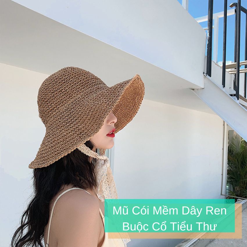 Mũ cói mềm dây ren buộc cổ phong cách tiểu thư