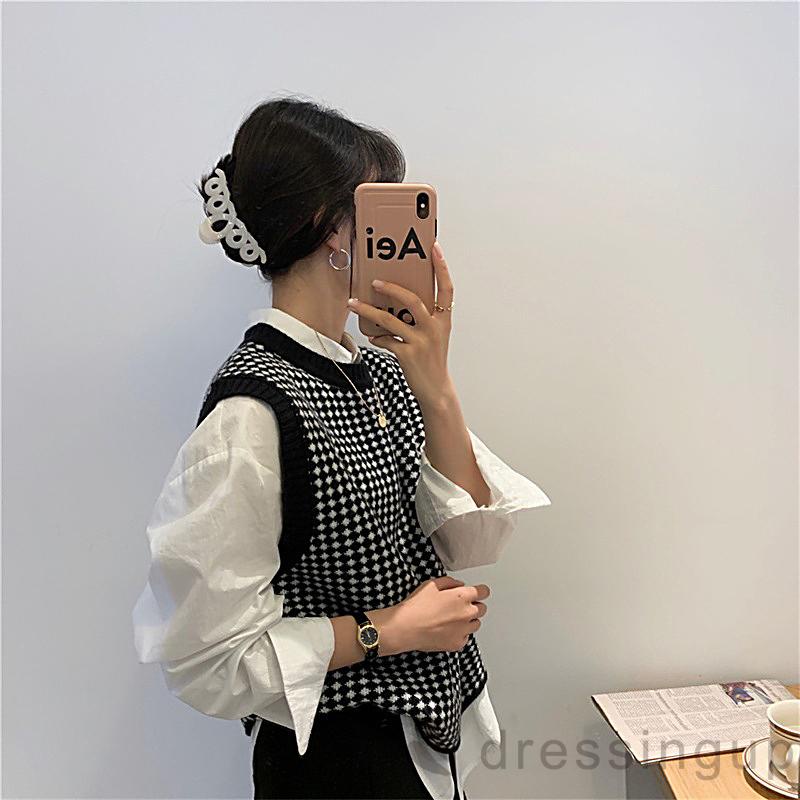 Áo Dệt Kim Không Tay Cổ Tròn Màu Sắc Tương Phản Phong Cách Retro Thời Trang Mùa Thu Cho Nữ