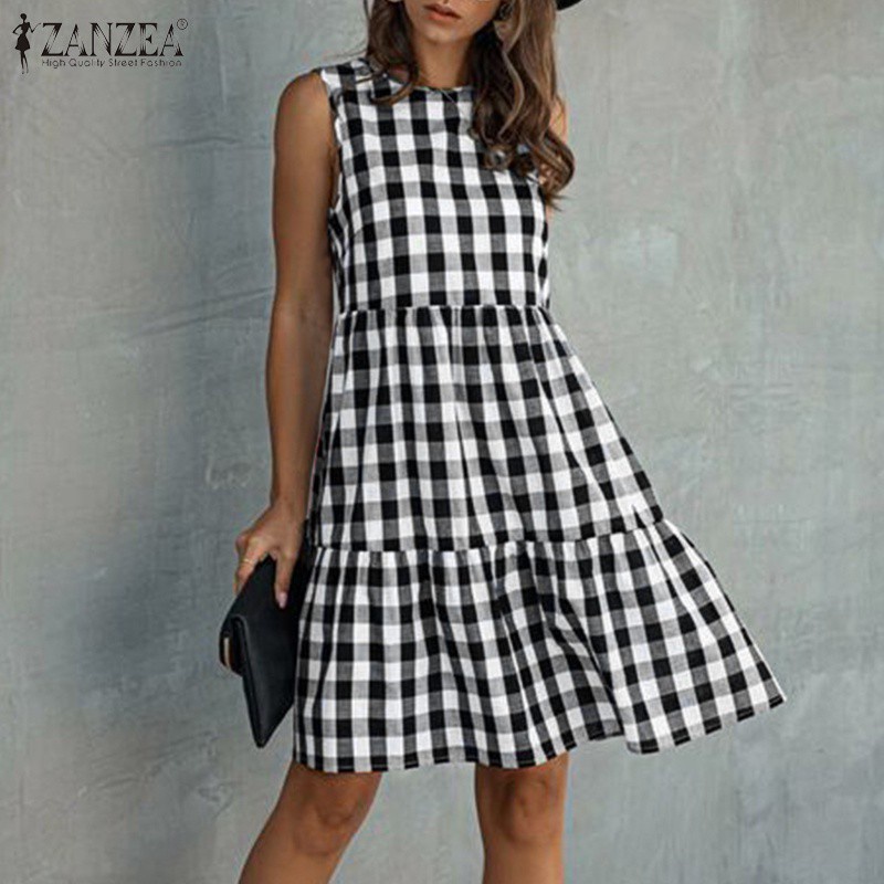Đầm ZANZEA không tay cổ tròn họa tiết caro nhún bèo dáng rộng dành cho nữ