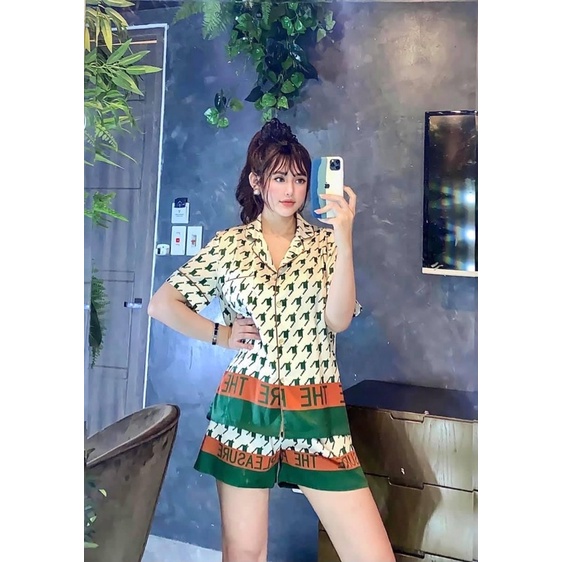 PYJAMA CỘC ĐÙI HỌA TIẾT XANH CAO CẤP
