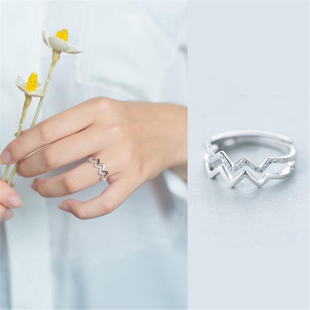 Nhẫn mở thiết kế sóng đôi khảm đá zircon thời trang