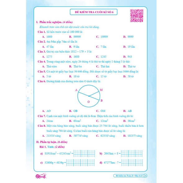 Sách - Đề Kiểm Tra Toán 3 - Học Kì 2 (1 cuốn)