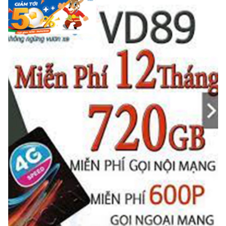 SIM VINA 5G 4G 3G 1 NĂM-VD89 720GB Miễn Phí Gọi Nội Mạng, Miễn Phí 600 Phút Ngoại Mạng, KHÔNG CẦN NẠP TIỀN