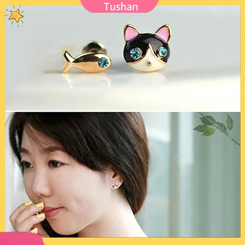 1 Đôi Bông Tai Hình Mèo Và Cá Đính Đá Đáng Yêu Cho Nữ