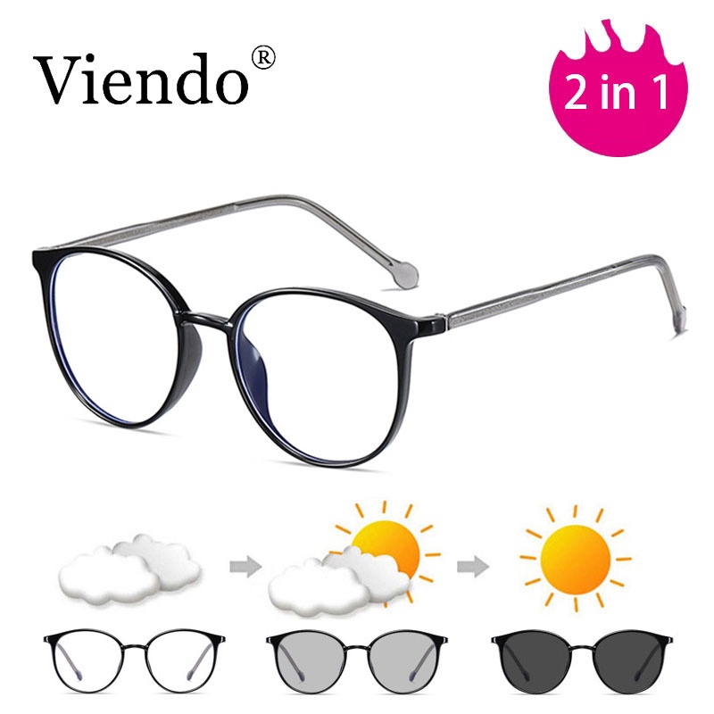 Kính cận VIENDO PSA02388 gọng tròn tròng đổi màu chống ánh sáng xanh/ tia UV bằng nhựa dẻo thời trang cho nam nữ