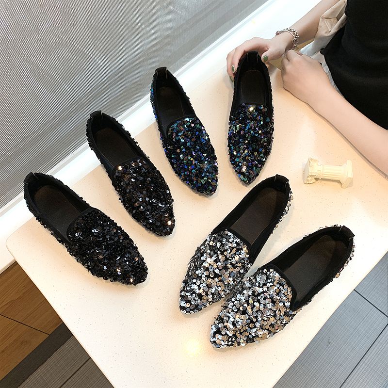 Giày Búp Bê Mũi Nhọn Đính Kim Sa Phong Cách Hàn Quốc Mới Cho Nữ