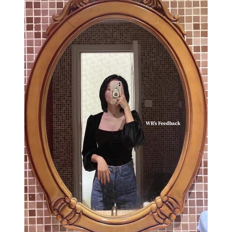Áo cổ vuông tay bồng nhung đen WANAWEAR sang chảnh cổ điển vintage