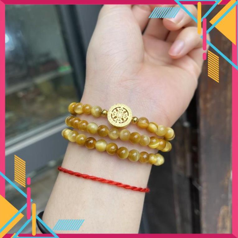 Vòng Tay Phong Thuỷ Mắt Hổ Vàng Mix Charm Bạc Mạ Vàng - Đeo quấn 3 vòng tay