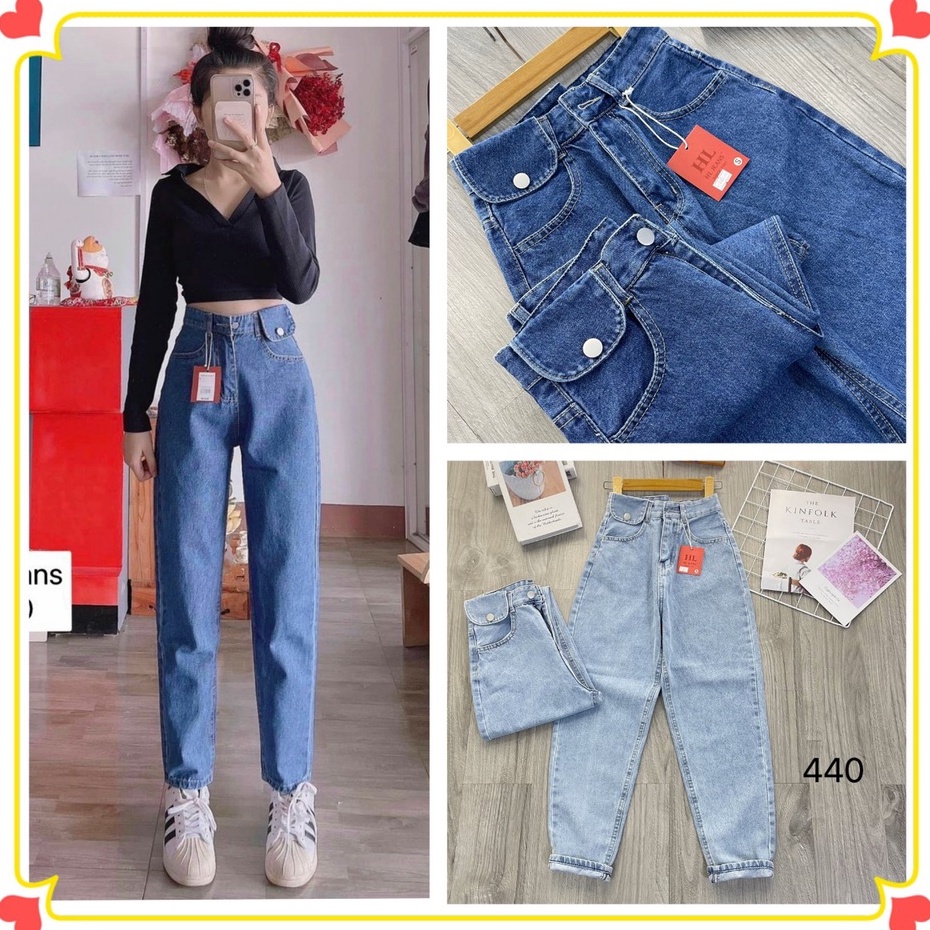 Quần baggy jeans nữ nắp túi kiểu, Quần bò nữ cạp cao chất jean dày mềm không dãn