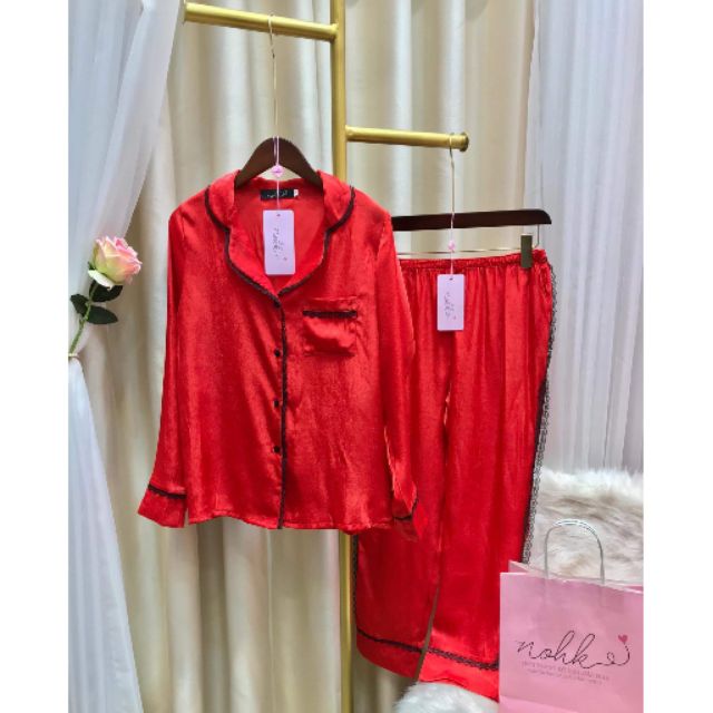 Bộ ngủ lụa trơn viền ren - NOHK