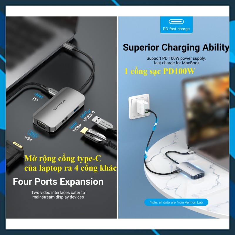 Bộ Hub chuyển đổi Vention USB C sang HDMI VGA USB C 4K 1080P tương thích laptop táo Pro tablet táo Pro Dell XPS