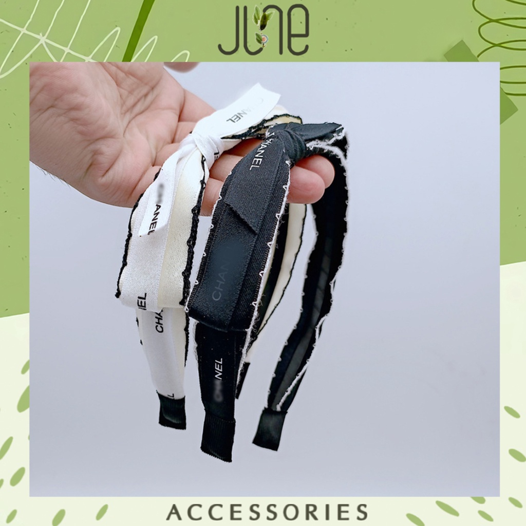 Băng đô bờm cài tóc nơ lệch vải lụa satin viền ren 2 màu đen trắng xinh xắn Hàn Quốc, June accessories