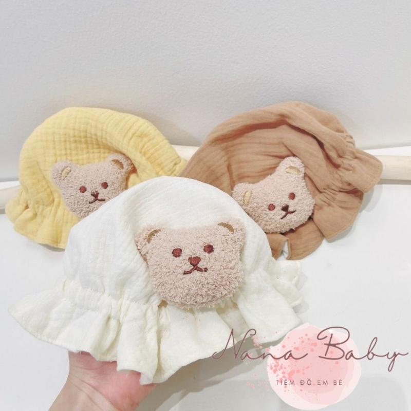 Mũ tai bèo vải xô muslin cho bé từ 0 đến 6 tháng được đính cây nấm, gấu xù siêu đáng yêu MH139 Nanababy