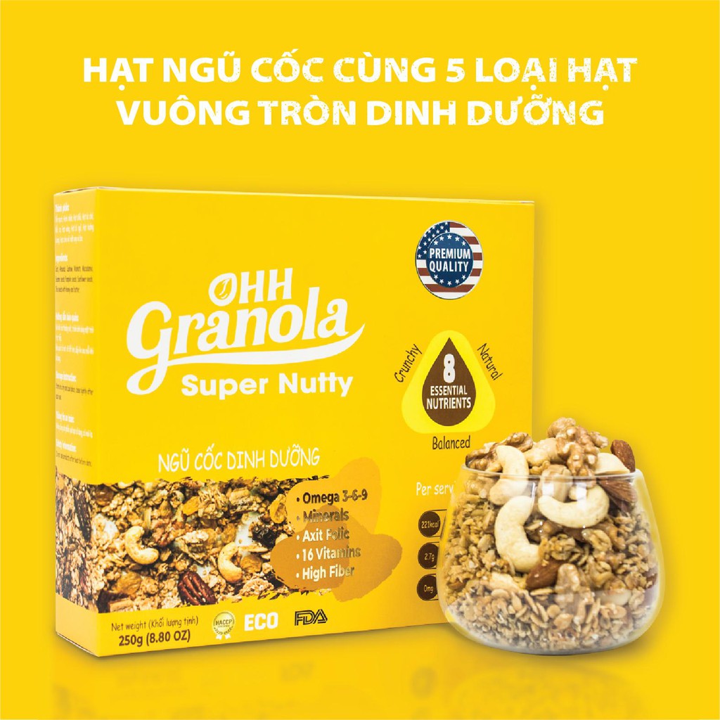 Ngũ Cốc Bà Bầu Lợi Sữa Super Nutty (Ohh Granola) 250g, hạt óc chó, mắc ca, tiêu chuẩn chất lượng FDA Hoa Kỳ