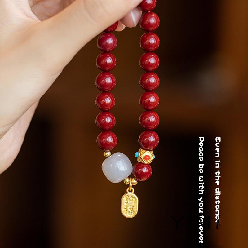 Vòng Tay Chuỗi Hạt Cinnabar Đỏ Đá Ngọc Bích Tím Vàng May Mắn Cho Nữ