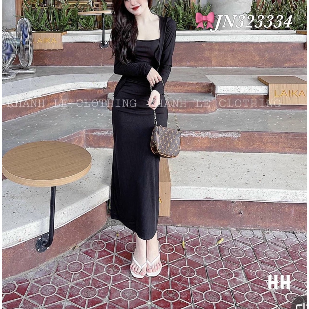 [MẪU MỚI] Set Đầm Phom Dài Kèm Áo Khoác Chất Thun Gân Thích Hợp Mặc Đi Tiệc Đi Làm Đi Chơi