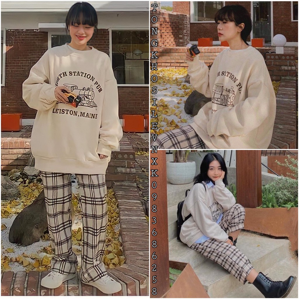 Bộ Nỉ NORTH Culottes Kẻ Tàu Hoả Nữ Unisex - Set sweater nỉ bông tay bồng mix quần suông ống rộng caro Ulzzang | WebRaoVat - webraovat.net.vn