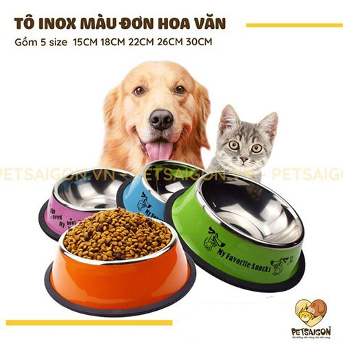 TÔ INOX MÀU ĐƠN HOA VĂN CHO CHÓ MÈO