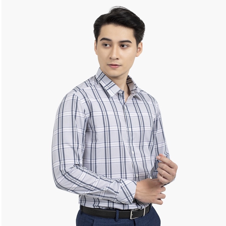 Áo sơ mi nam dài tay ARISTINO ALS35101 somi công sở chất liệu sợi tre cao cấp màu trắng kẻ xám dáng ôm không túi