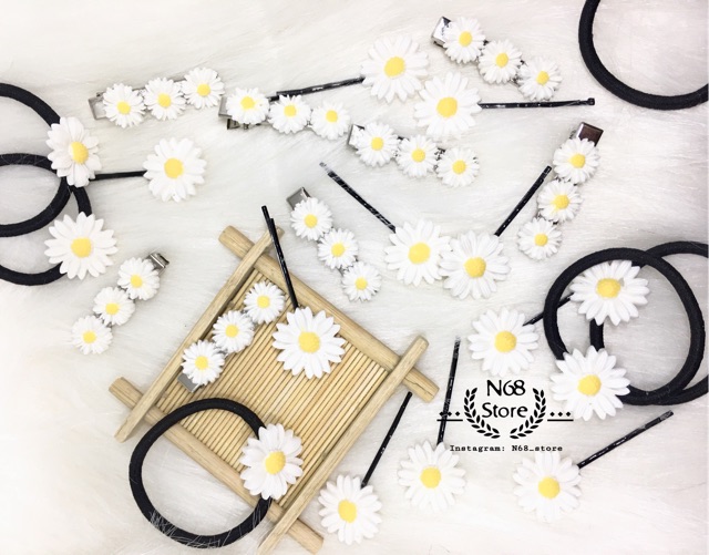 Kẹp tăm hoa cúc, dây buộc tóc, huy hiệu hoa cúc