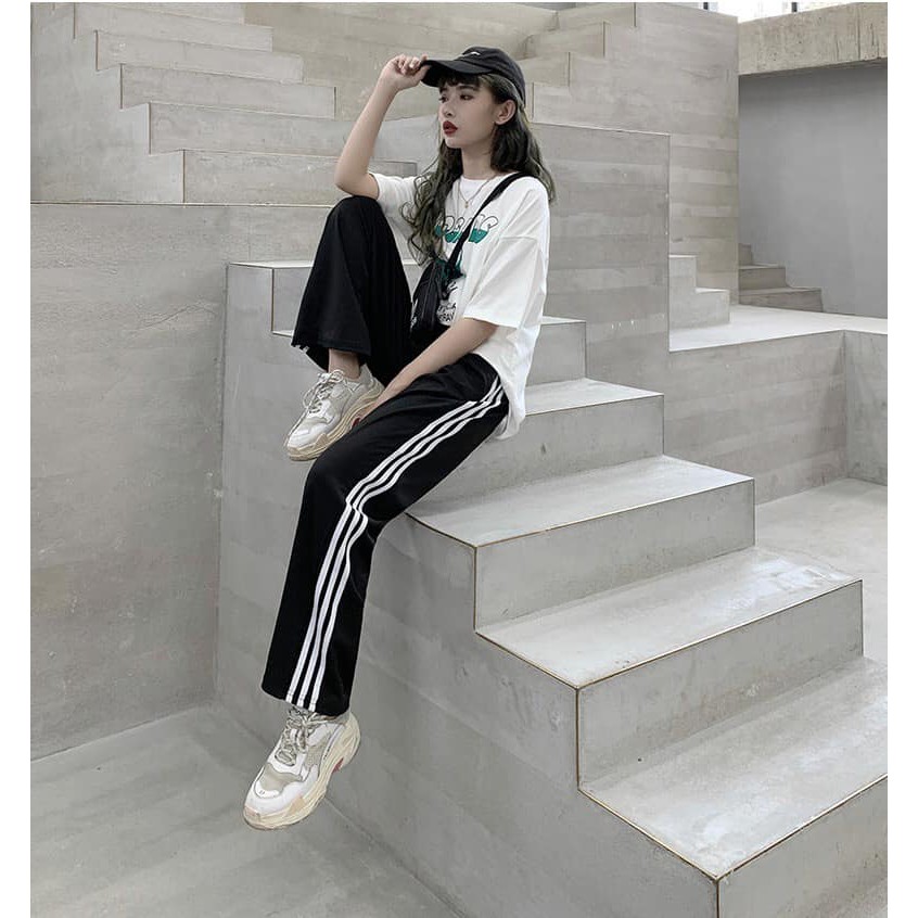 Quần 3 Sọc Ống Rộng Thể Thao Unisex [FREESHIP] 🌸 Culottes kẻ trắng dáng suông cạp chun basic Ulzzang SIÊU HOT 🌸