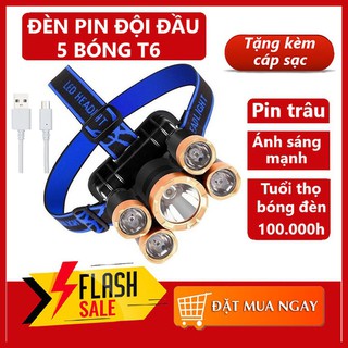 Đèn pin đội đầu 5 bóng Led siêu sáng chống nước kèm sạc, đèn pin đeo trán pin trâu sạc micro USB