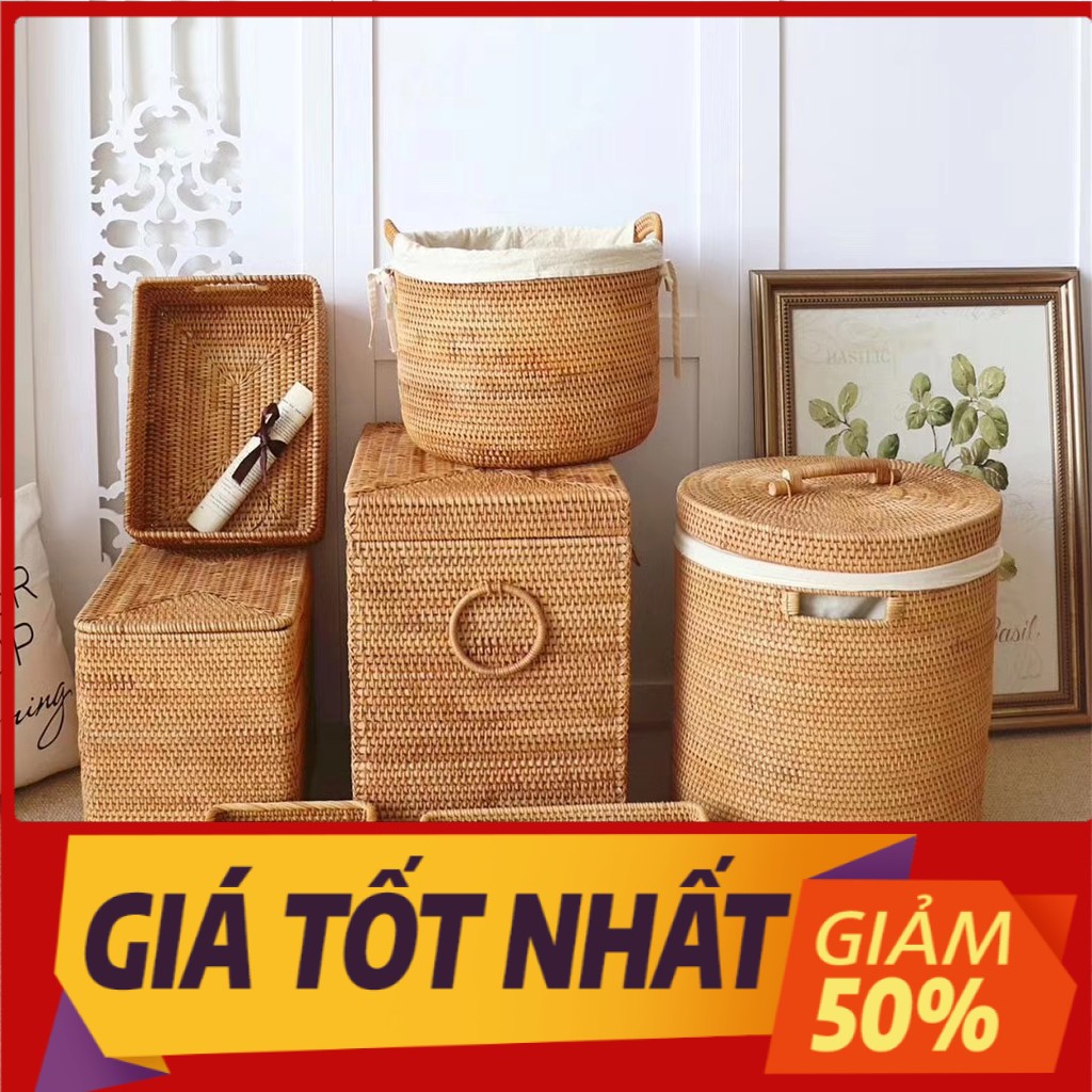 Giỏ guột tròn có nắp, đựng đồ, đựng gạo MÂY TRE ĐAN đa năng giá rẻ