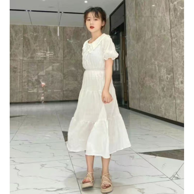 Váy nữ bánh bèo họa tiết nhún gồm ba màu đỏ tím trắng