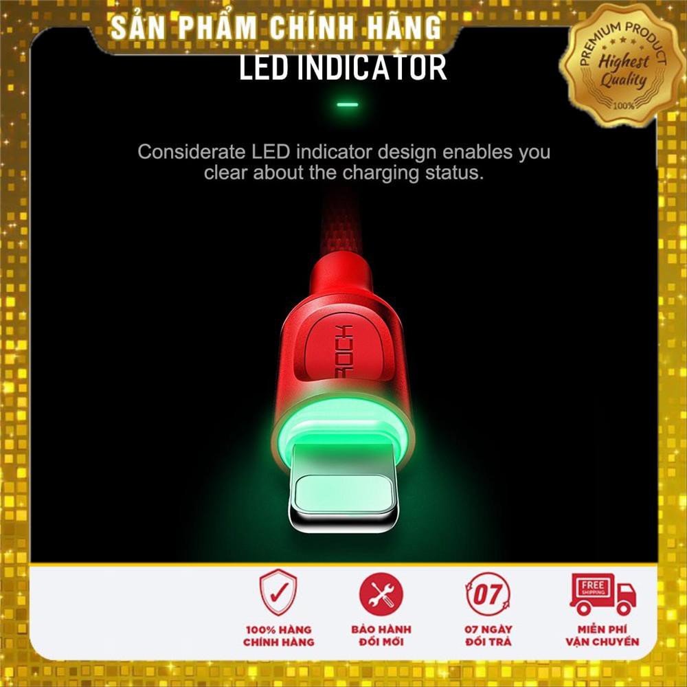 Dây cáp sạc nhanh tự ngắt Lightning hiệu ROCK Lightning Metal Smart LED, chuẩn 2.1A - Hàng chính hãng