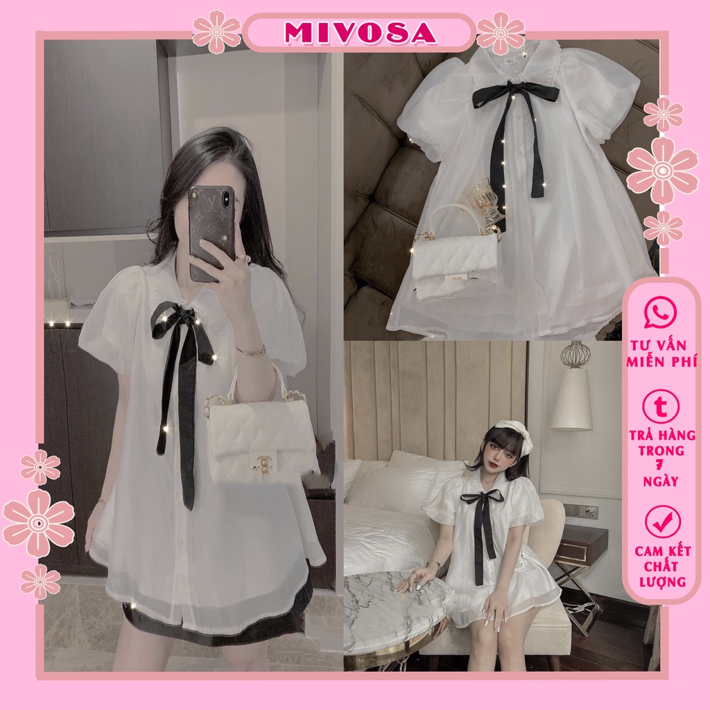 Áo sơ mi ren nơ cổ tơ lụa áo babydoll tiểu thư MIVOSA SM009