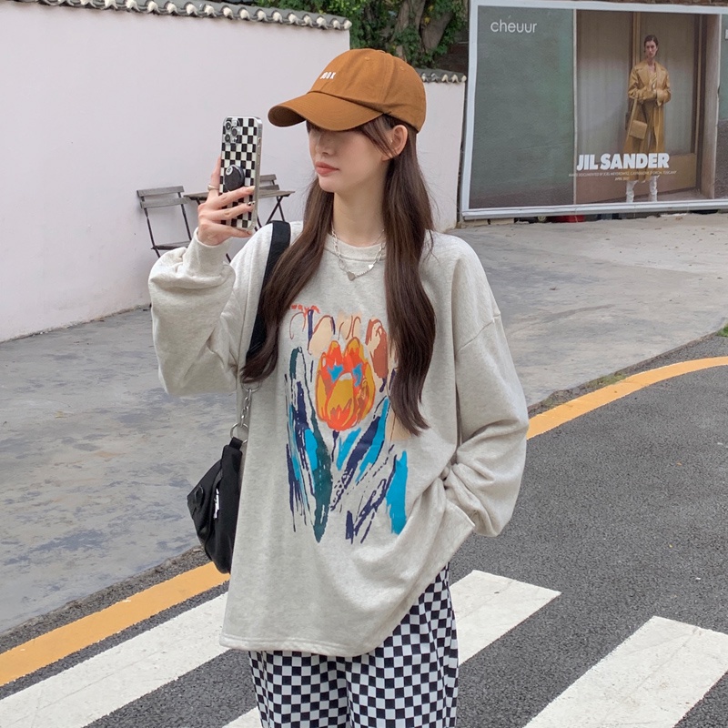 Áo sweater tay dài dáng rộng in họa tiết cá tính phong cách Hàn Quốc thời trang dành cho nữ