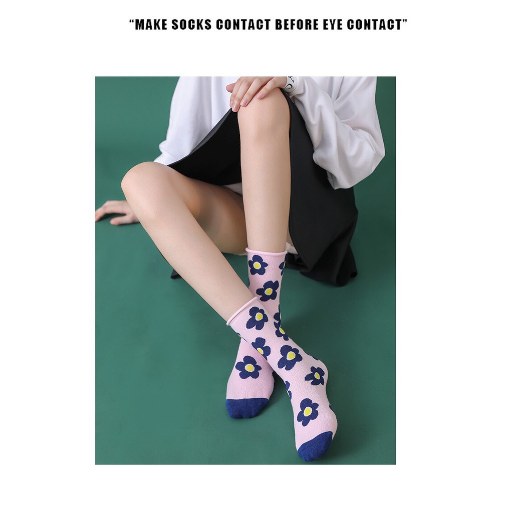 Tất vớ nữ cổ cao cotton hình hoa nhí, Vớ tất nữ cổ cao [Sam] Set 3 đôi tất cao cổ mẫu mới thổ cẩm
