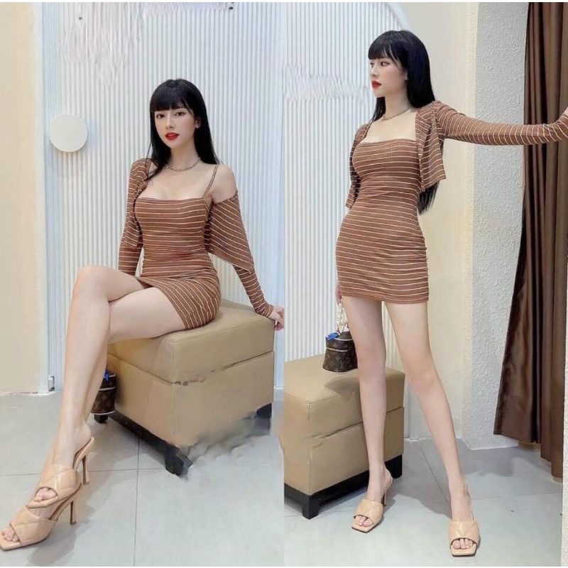 Sét đầm 2 dây ôm body + áo khoác họa tiết sọc chất thun gân dày dặn xịn sò cam kết hàng y hình ( free size dưới 52kg )