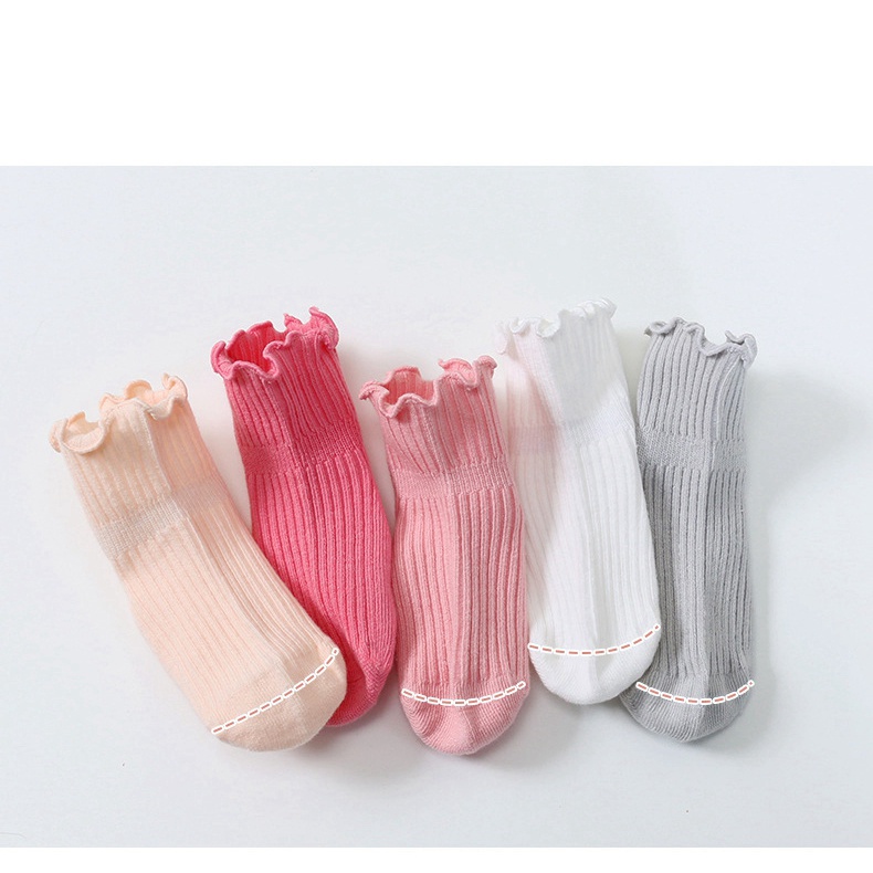 Set 3 Đôi Vớ Cotton Chống Trượt Màu Trơn Phối Ren Dành Cho Bé Gái 0-7 Tuổi