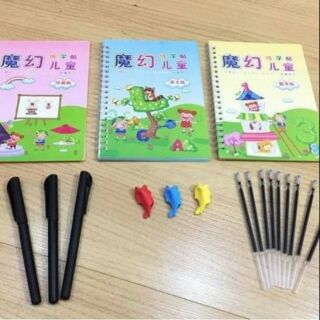 Combo 4 Sét gồm 3cuốn vở luyện viết chữ số viết chữ cái. ve tranh cho bé tặng kèm 3 sét bút và 9ruot +3cá cầm bút